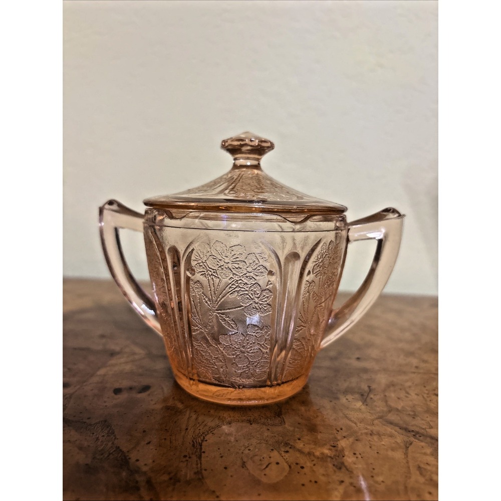 Vintage Jeannette Cherry Blossom Pink Depression Glass Covered Sugar Bowl